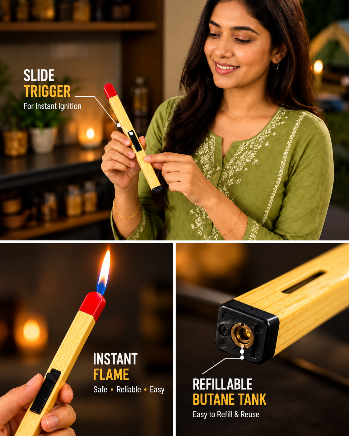 Match Stick Shaped Lighter, Multipurpose Inflatable Long Handle Gas Burner, Gas Lighter for Kitchens, Candles and Outdoor Use (Pack of 1) (Lighter)