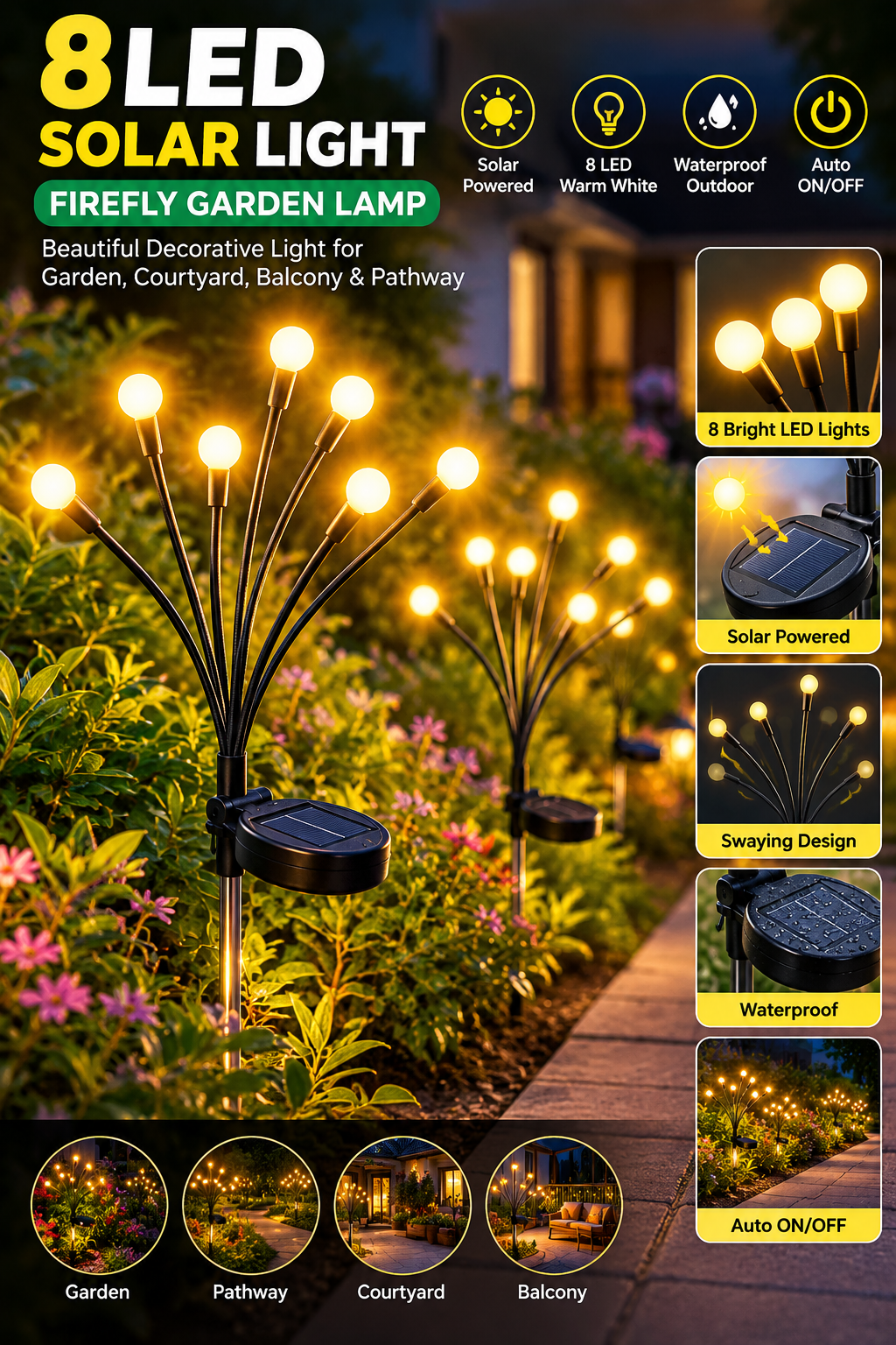 8 LED Solar Light Outdoor Swaying Firefly Garden lamp with 8 Led, Waterproof for Home Decor & Courtyard, Auto On/Off,Warm White (ABS Stainless Steel)