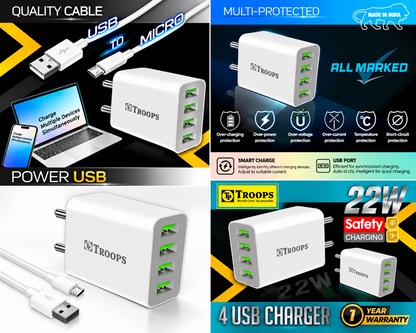 TP TROOPS 4 Ports USB Charger, 4.1A USB 22 Watt Wall Charger Phone Adapter Compatible for 13/13 Mini/13 Pro Max/12/12 Pro Max, iPad Mini/Pro, Pixel, , All Smartphone-(1 mtr Micro USB Cable Included)