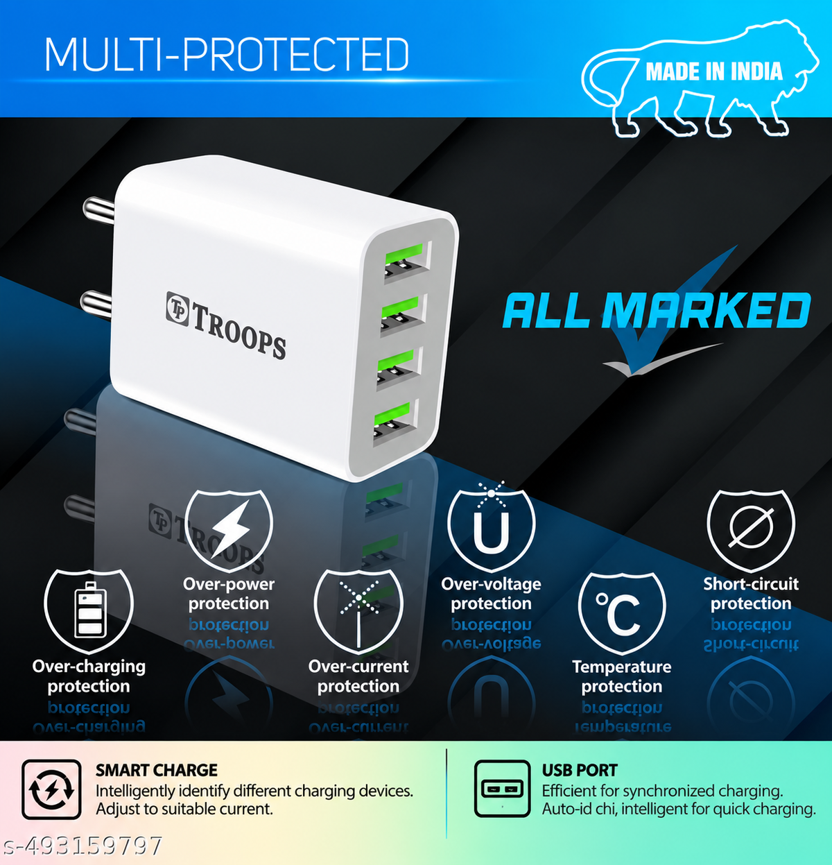 TP TROOPS 4 Ports USB Charger, 4.1A USB 22 Watt Wall Charger Phone Adapter Compatible for 13/13 Mini/13 Pro Max/12/12 Pro Max, iPad Mini/Pro, Pixel, , All Smartphone-(1 mtr Micro USB Cable Included)