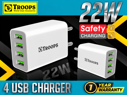TP TROOPS 4 Ports USB Charger, 4.1A USB 22 Watt Wall Charger Phone Adapter Compatible for 13/13 Mini/13 Pro Max/12/12 Pro Max, iPad Mini/Pro, Pixel, , All Smartphone-(1 mtr Micro USB Cable Included)