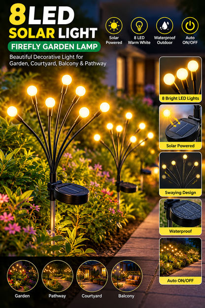 8 LED Solar Light Outdoor Swaying Firefly Garden lamp with 8 Led, Waterproof for Home Decor & Courtyard, Auto On/Off,Warm White (ABS Stainless Steel)