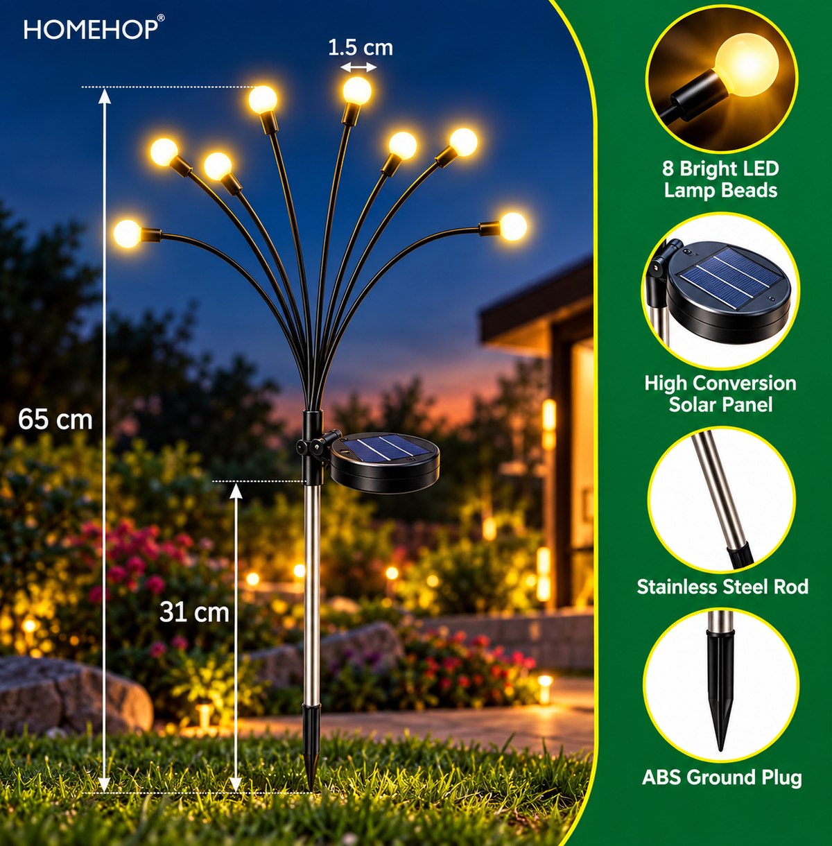 8 LED Solar Light Outdoor Swaying Firefly Garden lamp with 8 Led, Waterproof for Home Decor & Courtyard, Auto On/Off,Warm White (ABS Stainless Steel)