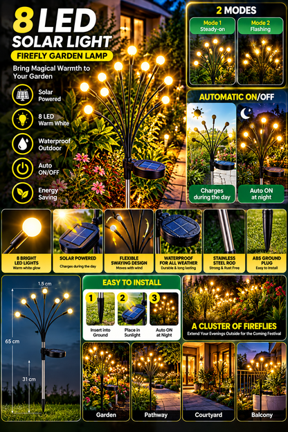 8 LED Solar Light Outdoor Swaying Firefly Garden lamp with 8 Led, Waterproof for Home Decor & Courtyard, Auto On/Off,Warm White (ABS Stainless Steel)
