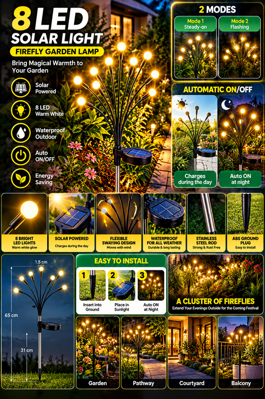 8 LED Solar Light Outdoor Swaying Firefly Garden lamp with 8 Led, Waterproof for Home Decor & Courtyard, Auto On/Off,Warm White (ABS Stainless Steel)