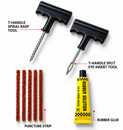 1513 Puncture Repair Kit Tubeless Tyre Full Set With Nose Pliers Rubber Cement And Extra Strips For Cars Bikes