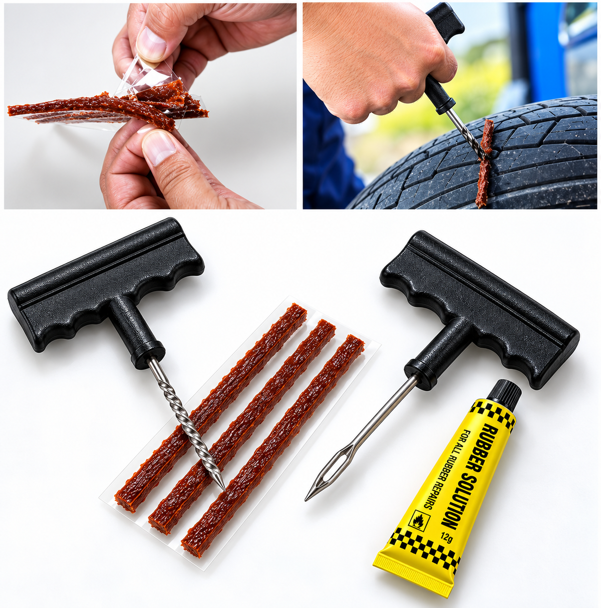 1513 Puncture Repair Kit Tubeless Tyre Full Set With Nose Pliers Rubber Cement And Extra Strips For Cars Bikes