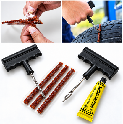 1513 Puncture Repair Kit Tubeless Tyre Full Set With Nose Pliers Rubber Cement And Extra Strips For Cars Bikes